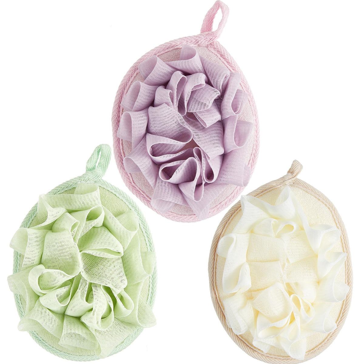 Boao 3 Pcs Shower Loofah Bath Sponge Exfoliating Pouf, Beige, Green, Purple