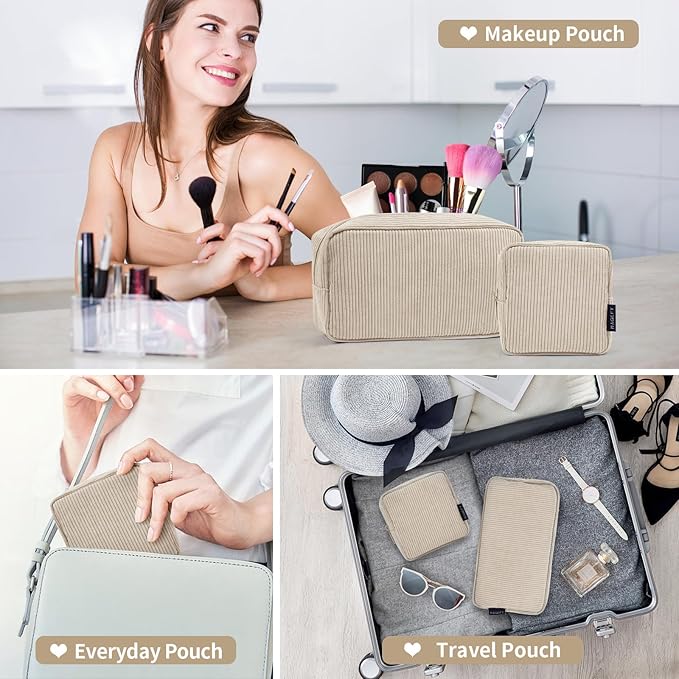 MAGEFY Small Makeup Bag for Purse Mini Cosmetics Bag Corduroy Cute Cosmetic Pouch for Women with Slip-in Pockets (Beige)
