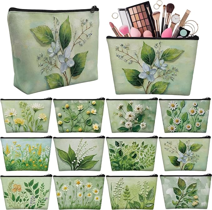 Sweetude 12 Pcs Green Flower Makeup Bags Bulk Green Plants Portable Travel Cosmetic Bags with Zipper Floral Waterproof Roomy Travel Toiletry Organizer Storage Beauty Pouch for Women Gifts