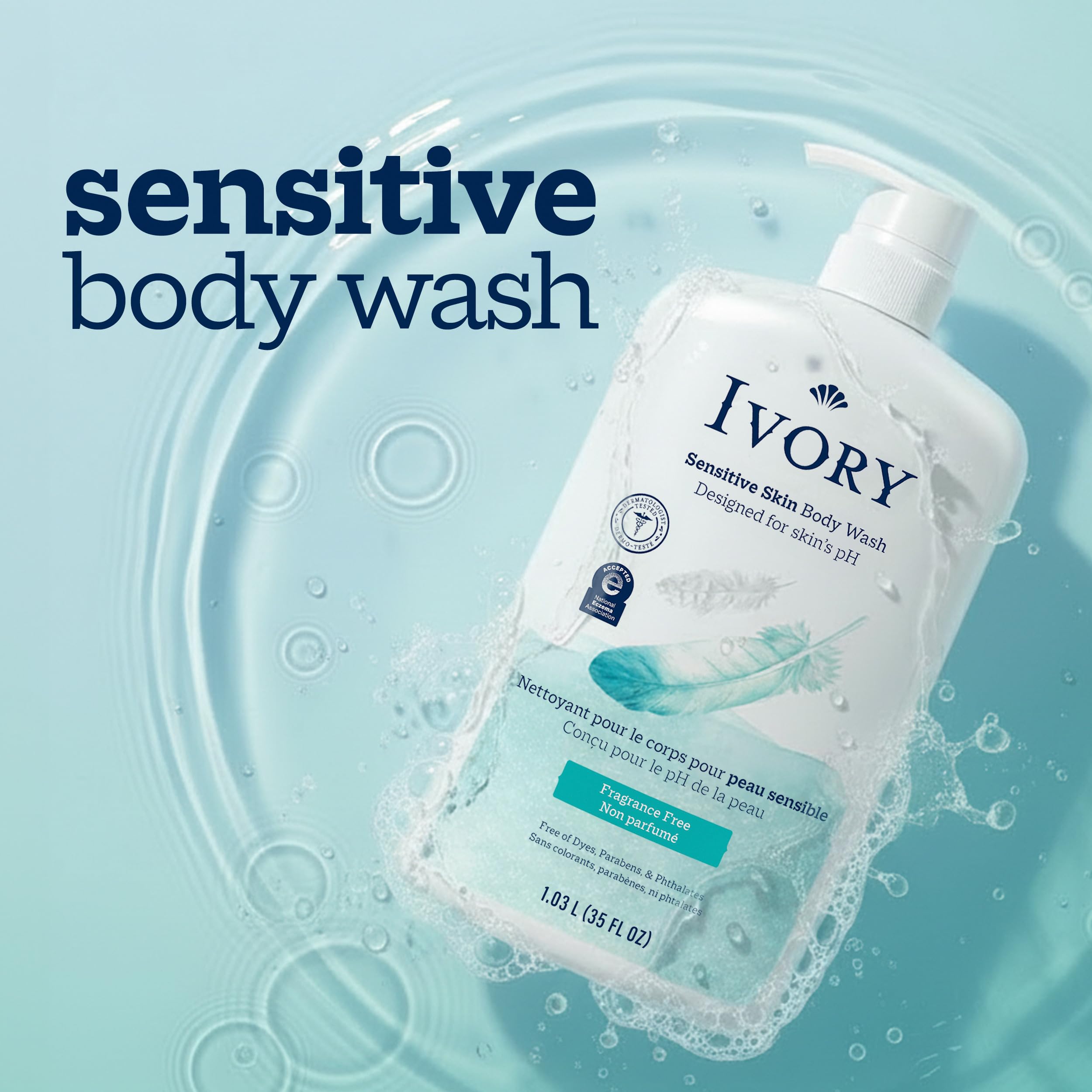 Ivory Sensitive Body Wash, Fragrance-Free, Designed for the Whole Family, Gentle Formula, Free of Dyes Heavy Perfumes Parabens Phthalates & Silicones, Designed for Skin's pH, 35 oz
