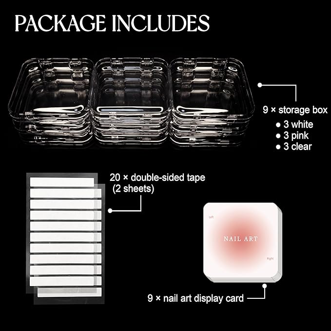 9 Pcs Press On Nail Storage Box, Transparent Acrylic Fake Nail Case with 9 Display Cards and 2 Sheets of Double-Sided Adhesive Tape (20 Strips) for Nail Art Home Salon Packaging Use
