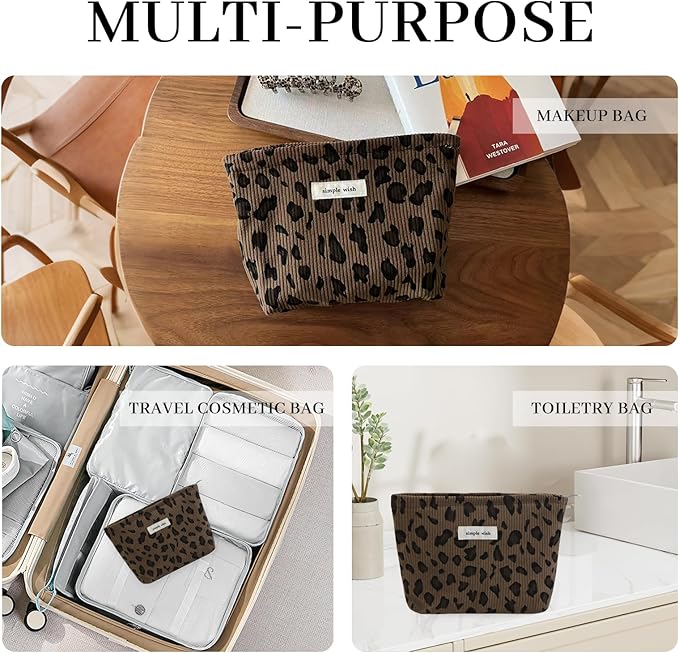 Wudygirl Makeup Bag Travel Cosmetic Bag for Women Small Makeup Pouch with Handle Zipper Cosmetic Pouch Handbag Aesthetic 8.3" x 5.9"(Brown Leopard)