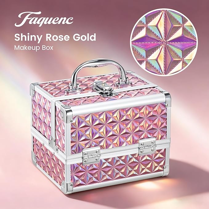 Faquenc Makeup Case with Lighted Mirror - Shiny Pink Hard Makeup Train Case with 3-Color LED Mirror, Portable Makeup Organizer Box for Women & Travel, Aluminum Cosmetic Case with Lock