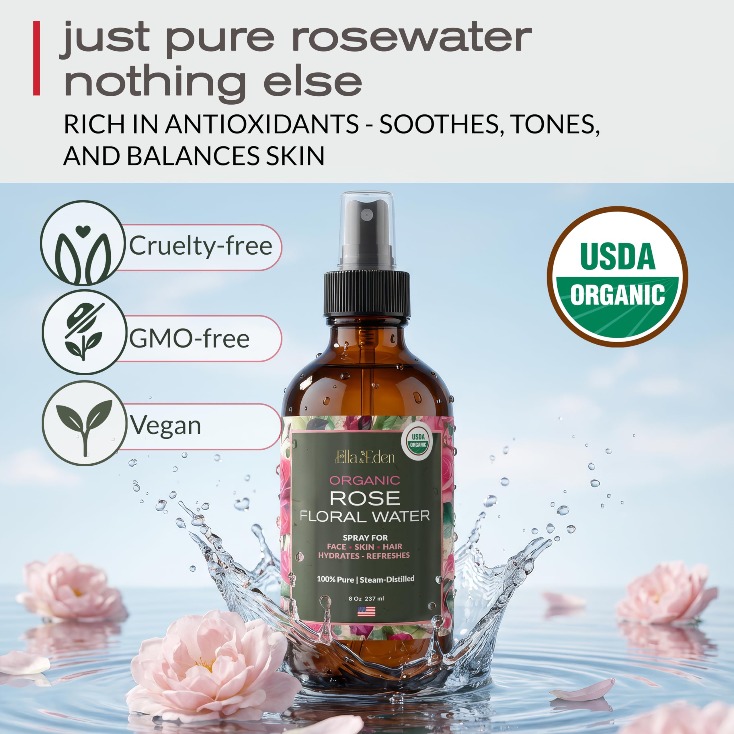 Organic Rose Water Spray for Face & Hair, 100% Pure, Alcohol Free, 8 Oz