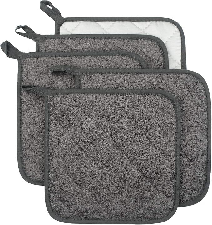 Lifaith Pot Holders for Kitchen, 100% Cotton Terry Pot Holder Set of 5, Heat Resistant Hot Pads for Cooking, Baking, Hot Dishes and Countertop Protection, Mineral Gray