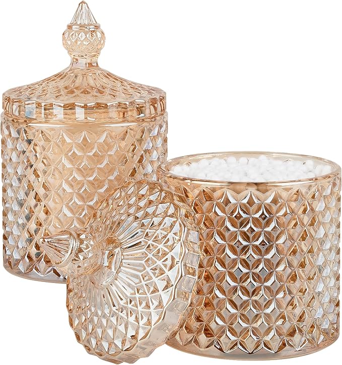 2 Pack Qtip Holder Apothecary Jars with Lid, Thick Glass, Amber