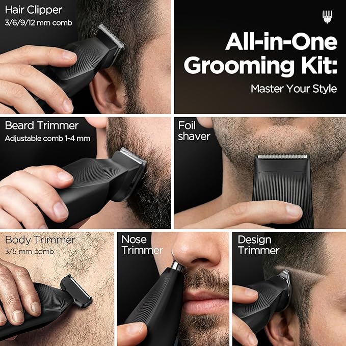 Yineel HC600 Beard Trimmer for Men, All-in-One Cordless Grooming Kit, Waterproof Electric Razor & Hair Clipper for Face Mustache Body Nose Hair Trimming, Precision Blades, Gifts for Men Barber