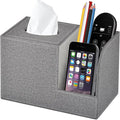 Square Tissue Box Cover Organizer,PU Leather Cube Tissue Box Holder with 2-Compartment Storage Box,Tissue and Remote Control Holder,Decorative Tissue Box Bedroom NightStand Office Tabletop,Grey