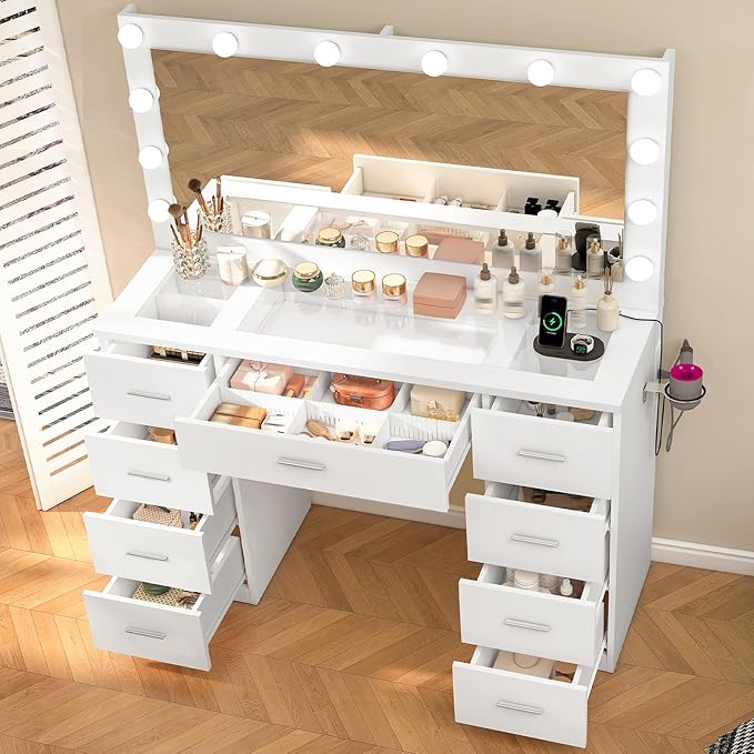 Quimoo Vanity Desk with Glass Top & Large Lights Mirror, 3 Adjustable Lighting Color, 44" Makeup Vanity Desk with 9 Drawers and 12 LED Lights, Vanity Table, Dressing Table for Bedroom(White)