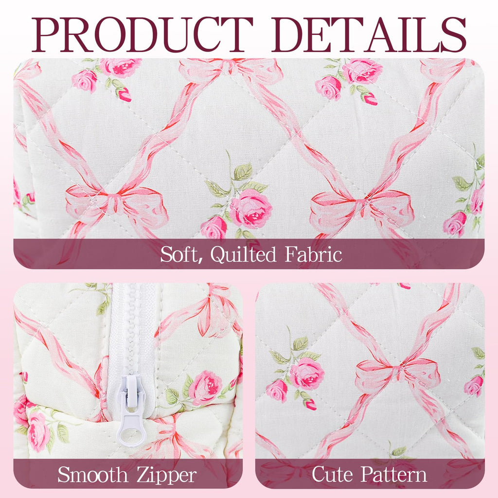 Quilted Makeup Bag Floral Cotton Make up Bag Puffy Coquette Makeup pouch Aesthetic Cute Travel Toiletry Bag for Women Girls