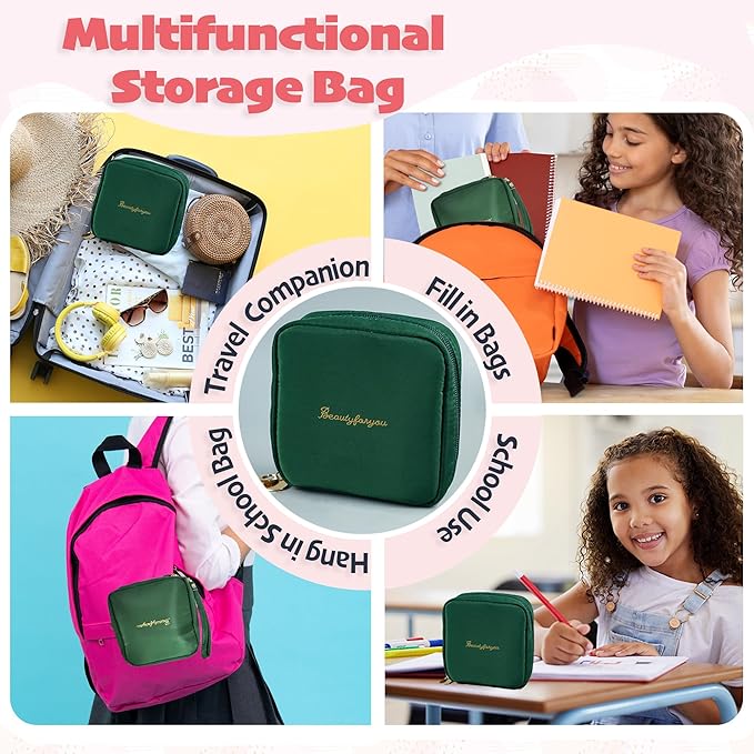 Essential Period Kit for Girls | First Period kit for Girls 10-12 | Period Bags for Teen Girls for School | First Period Gift with Sanitary Pad Storage Bag, Wipes, Period Tracker and More(Green)