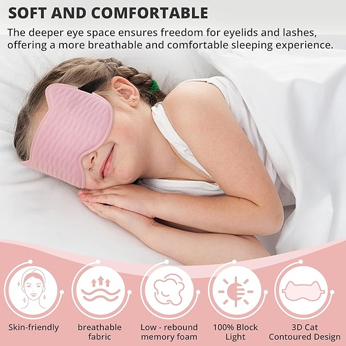 Kids Sleep Mask for Sleeping – Soft 3D Contoured Eye Mask for Kids, Comfortable No-Pressure Eye Cover with Memory Foam for Travel, Naps & Airplane, Boys & Girls (Pink)