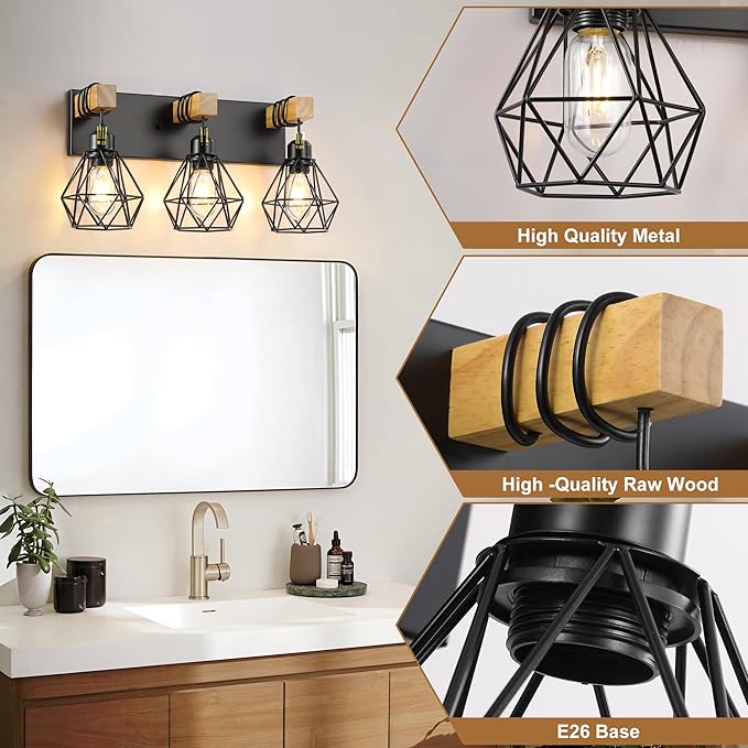 3-Light Farmhouse Bathroom Vanity Light Fixtures, Wood Bathroom Light Fixtures Over Mirror, Rustic Sconces Wall Lighting with Elegant Metal Lampshade for Living Room, Bedroom, Hallway