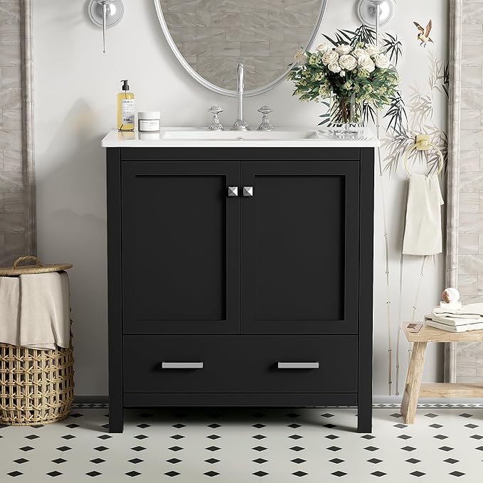 Bellemave 30" Bathroom Vanity with Sink Combo Set, Solid Wood Frame Bathroom Storage Cabinet with a Drawer, 2 Soft Closing Cabinet Doors with Organizer, Black