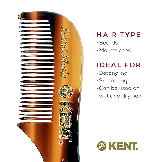 Kent A 81T X-Small Gentleman's Beard and Mustache Pocket Comb, Fine Toothed Pocket Size for Facial Hair Grooming and Styling. Saw-cut of Quality Cellulose Acetate, Hand Polished. Hand-Made in England