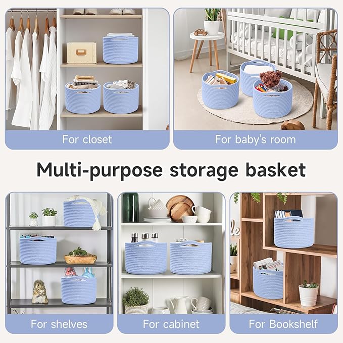 Small Rope Baskets for Storage, Baskets for Gifts Empty, Cute Round Woven Basket, Decorative Shelf Baskets 9.82×9.82×7.1", Cotton Toy Basket Storage Bins for Organizer 3 Packs-Skyblue