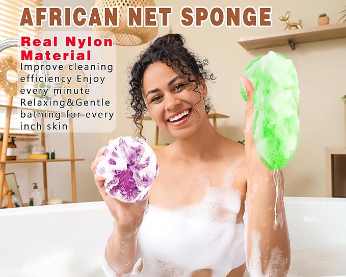 2 Pack African Net Sponge Exfoliating Body Scrubber Bath Sponge for Daily Use (Light Purple + Light Green)