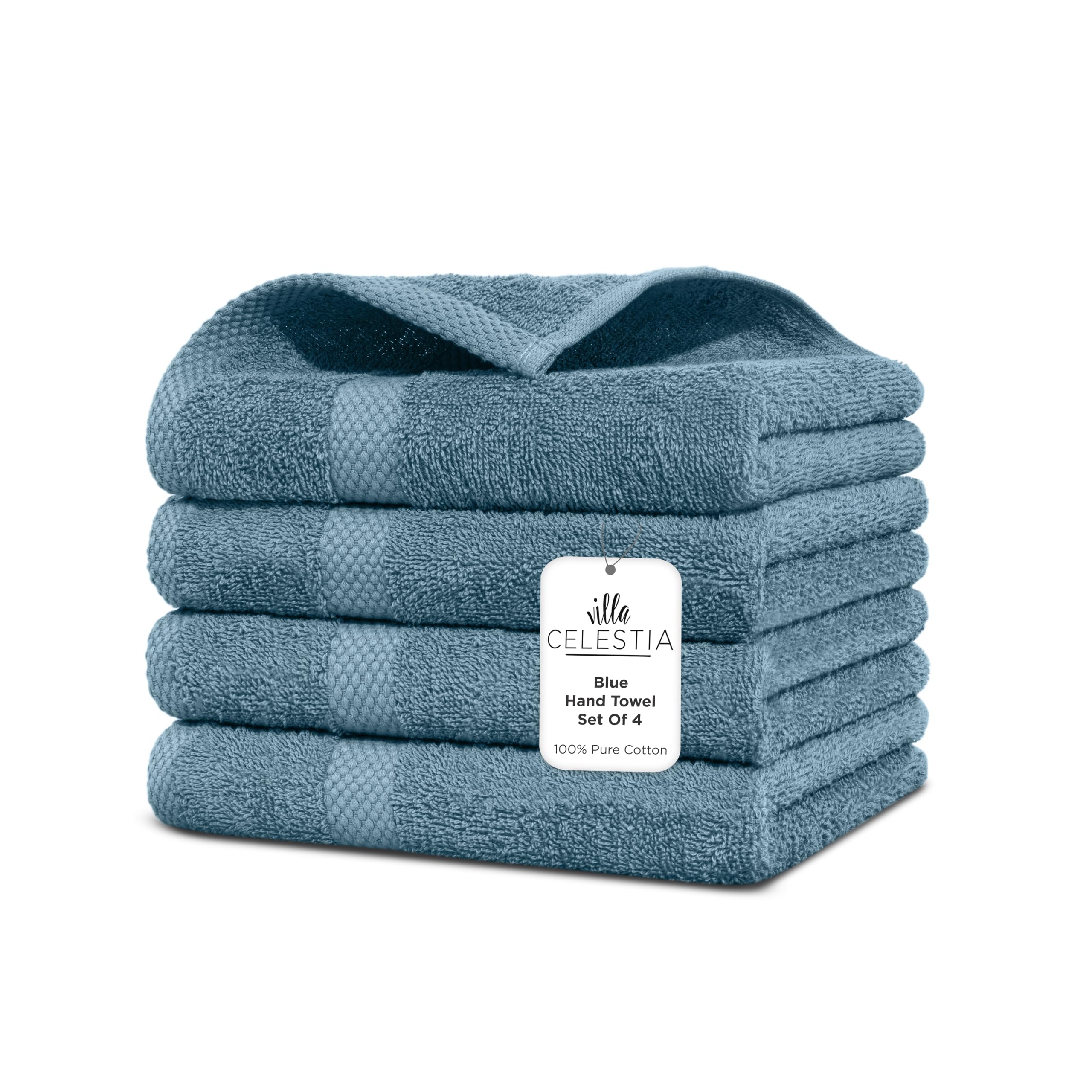 Villa Celestia Cotton Hand Towels Set of 4, 16 x 28, Oeko-TEX Certified, Quick Dry, Blue