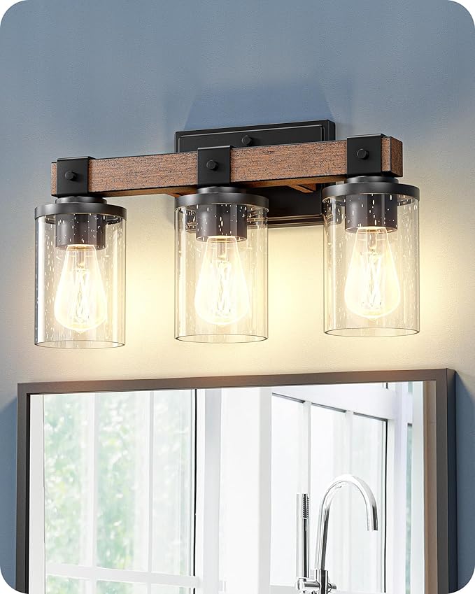 EDISHINE Farmhouse Vanity Lights for Bathroom, 3-Light Bathroom Vanity Light Fixtures Over Mirror, Painted Wood Vintage Bath Wall Sconces Lamp with Bubble Glass Shade for Bedroom, Powder Room