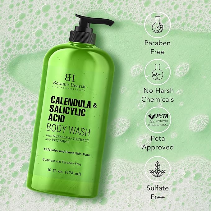 Botanic Hearth Calendula & Salicylic Acid Body Wash – Exfoliating Shower Gel with Neem Leaf Extract & Vitamin E, Clarifying Cleanser, Sulfate & Paraben Free – 16 fl oz
