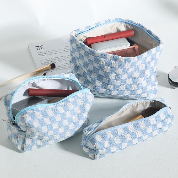 LYDZTION Large Capacity Makeup Bag Set - 3 Pieces Checkered Cosmetic Bag for Women Travel Makeup Bag Organizer Cute Makeup Brushes Storage Bag Travel Toiletry Bag Storage Bag for Women,Blue