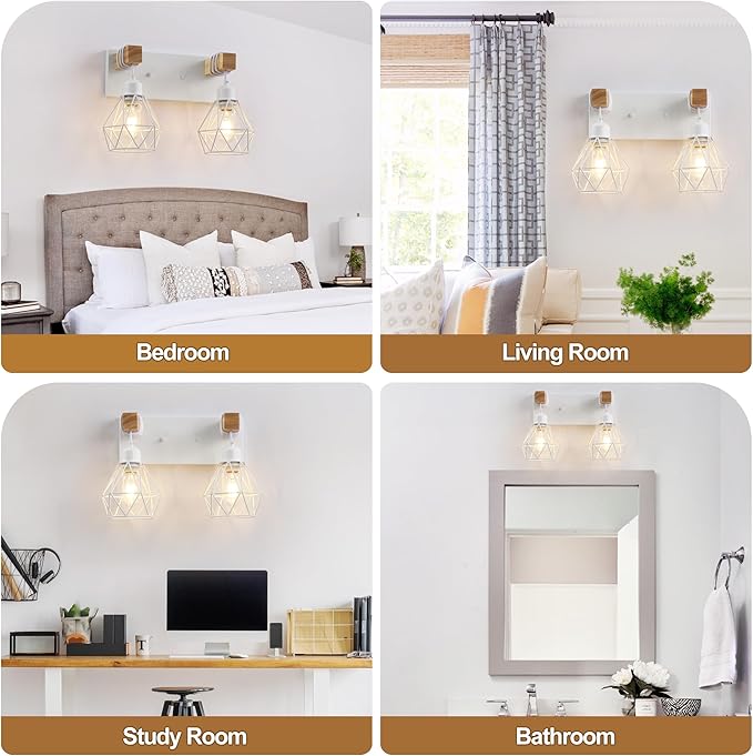 White Bathroom Vanity Light Fixtures, 2-Light Wood Bathroom Light Fixtures Over Mirror, Rustic Sconces Wall Lighting with Elegant Metal Lampshade for Living Room, Bedroom, Hallway
