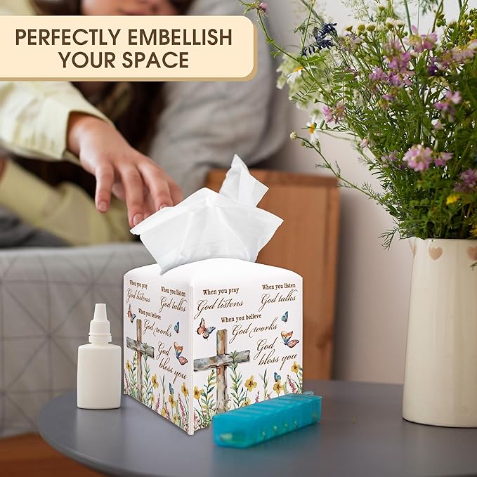 Christian Decorative Tissue Box Cover Square, Floral Napkin Tissue Box Holder, Religious Faith Gift Ideas for Family Friends, Home Kitchen Dining Table Decor-(5.2 Inches) A01