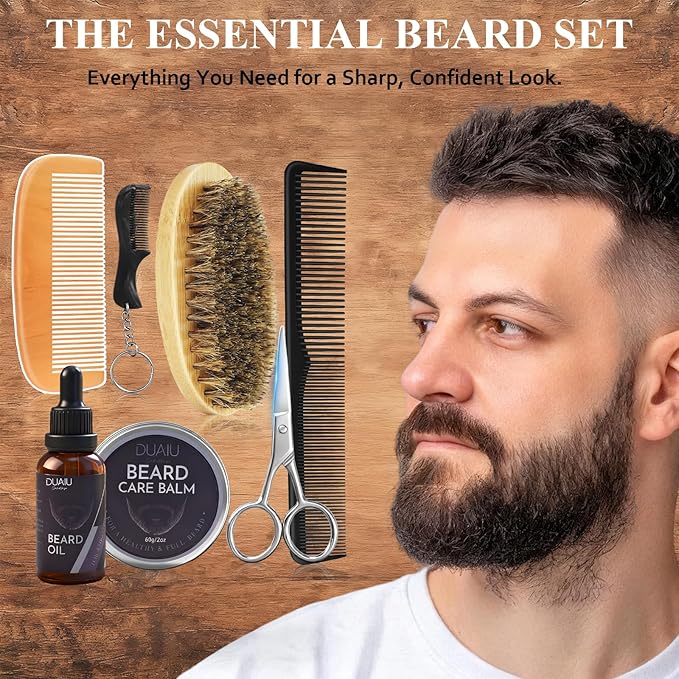 DUAIU Beard Grooming Kit for Men Care, Beard Oil & Beard Balm, Boar Bristles Brush, Multi-Comb and Scissors for Beard and Moustache Trimming and Styling - Great for Dad/Husband/Boyfriend Use