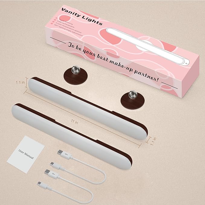 Benreom 2 Pack Rechargeable Vanity Lights for Mirror, Dark Wood