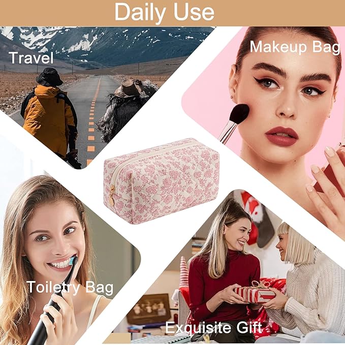 HHQQWZ Cute Square Floral Cotton Makeup Cosmetic Bag for Women Girls, Travel Quilted Zipper Make Up Bag, Square Flowers Organizer Case Kawaii Makeup Cosmetic Travel Cloth Pouch (Pink Floral)