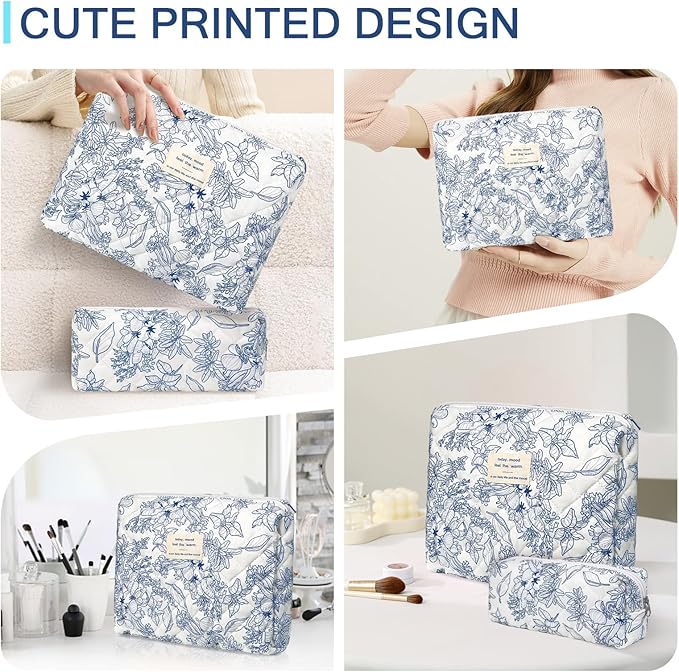 Gosect 2PC Makeup Bag Set, Cute Cosmetic Bag for Women Girls, Floral Coquette Aesthetic Toiletry Bag, Travel Make Up Organizer Bag (Navy Blue)