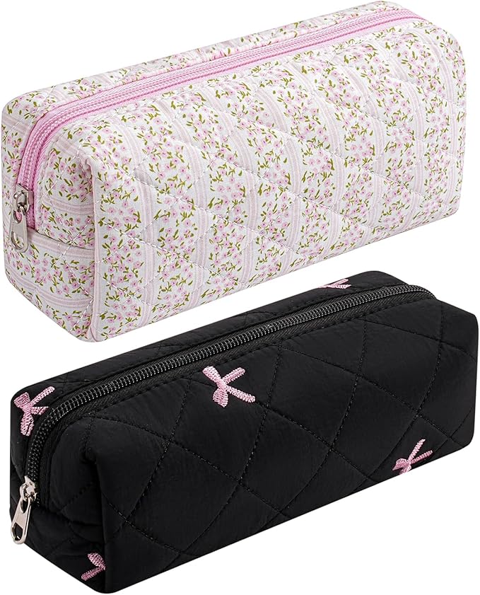 HHQQWZ Cute Floral Cotton Makeup Brush Cosmetic Bag for Women, Travel Quilted Zipper Make Up Bag, Flowers Toiletry Organizer Case Kawaii Makeup Cosmetic Travel Cloth Pouch (Pink+Black)