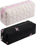HHQQWZ Cute Floral Cotton Makeup Brush Cosmetic Bag for Women, Travel Quilted Zipper Make Up Bag, Flowers Toiletry Organizer Case Kawaii Makeup Cosmetic Travel Cloth Pouch (Pink+Black)