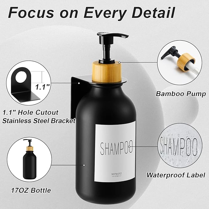 VITVITI Shampoo and Conditioner Dispenser, Body Wash Shower Soap Dispenser Wall Mounted 3 Chamber, Drill Free 17oz Plastic Shower Bottles for Bathroom, Black 3 Sets