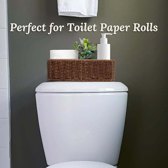 Baskets for Organizing, Small Wicker, Storage Bins for Bathroom and Toilet Paper Rolls, Hand Woven Tank Topper with Handle, Set of 2, Toffee
