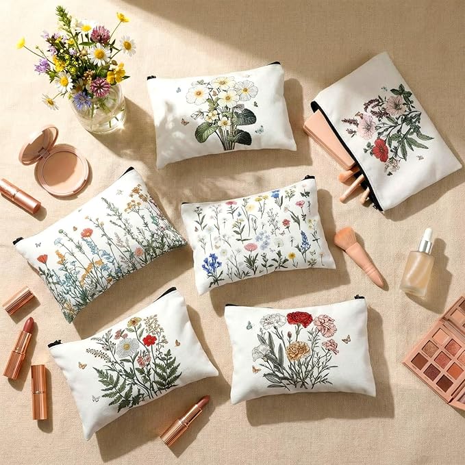 Sweetude 12 Pcs Flower Makeup Bags Bulk Portable Travel Cosmetic Bags with Zipper Wildflower Floral Waterproof Roomy Travel Toiletry Organizer Storage Pouch for Women Birthday Party Gifts