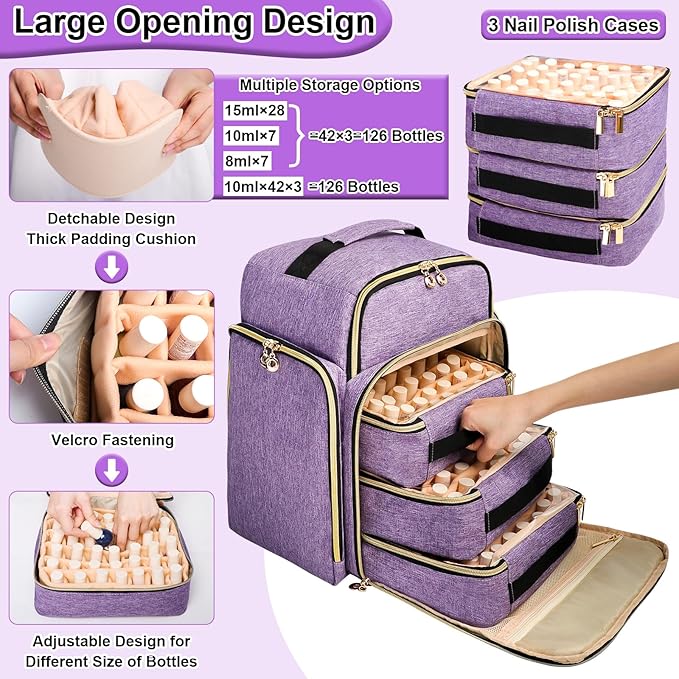 ahzske Nail Polish Organizer Backpack Holds 126 Bottles& Nail Lamp, Extra Large Nail Kit Supplies Organizer Bag with 3 Removable Cases, Portable Nail Organizers and Storage for Travel (Noble Purple)