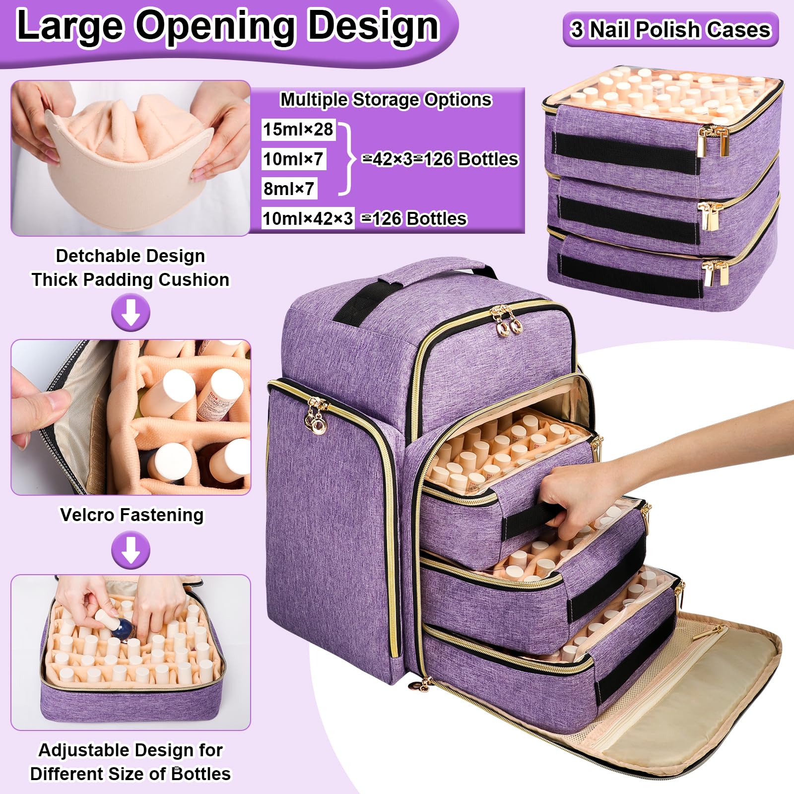 ahzske Nail Polish Organizer Backpack Holds 126 Bottles& Nail Lamp, Extra Large Nail Kit Supplies Organizer Bag with 3 Removable Cases, Portable Nail Organizers and Storage for Travel (Noble Purple)