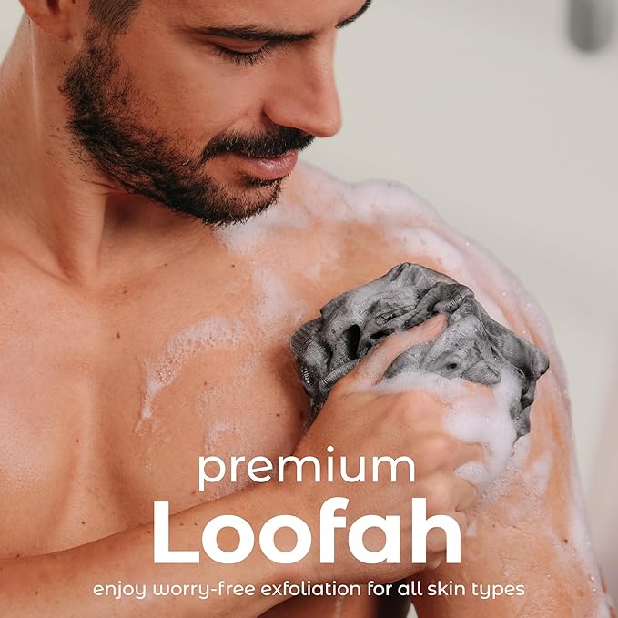 MainBasics Shower Loofah Sponge Pouf, Set of 3, Charcoal Infused