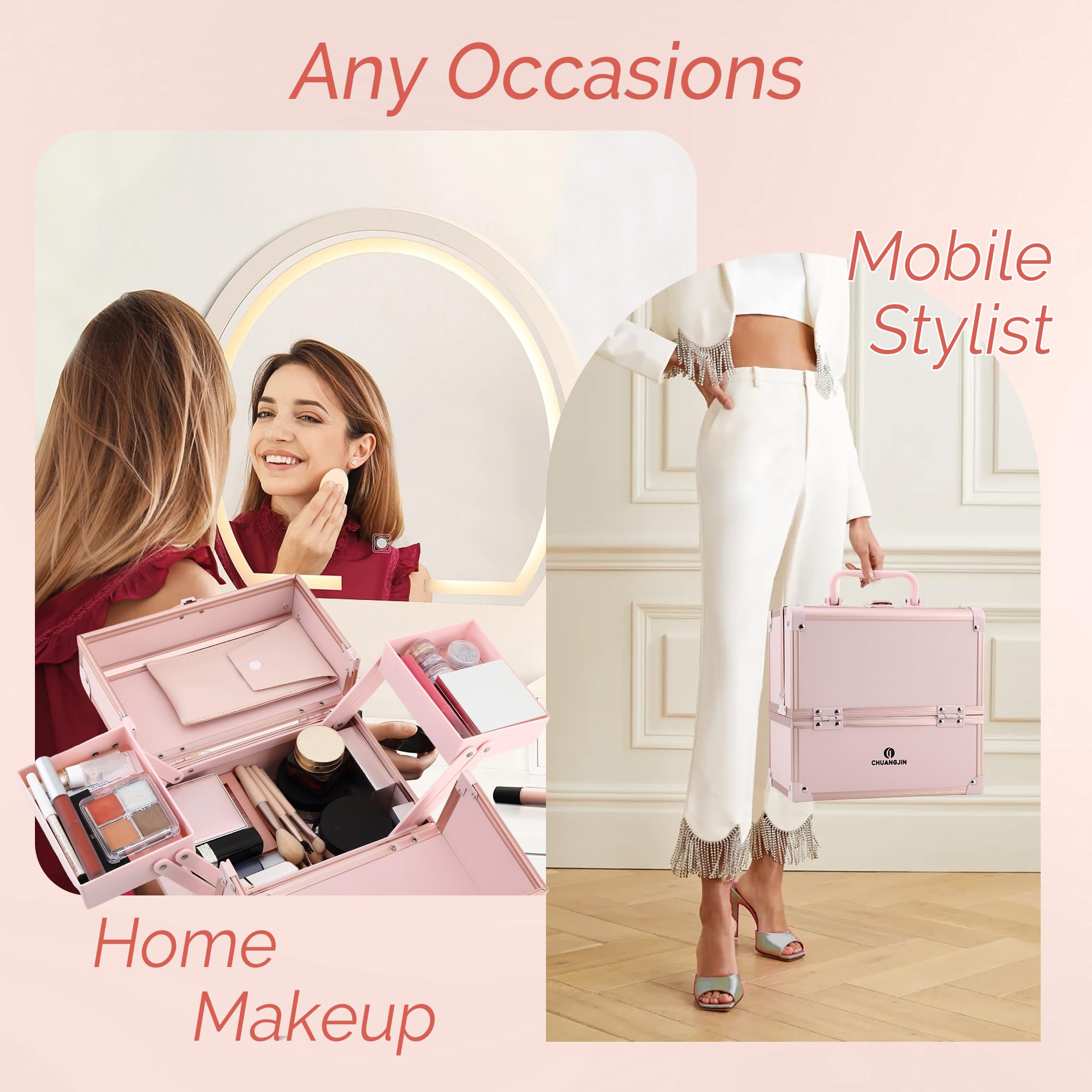 CHUANGJIN Makeup Box, 8.6 Inch 2-Tray Locking Makeup Case Organizer, Pink