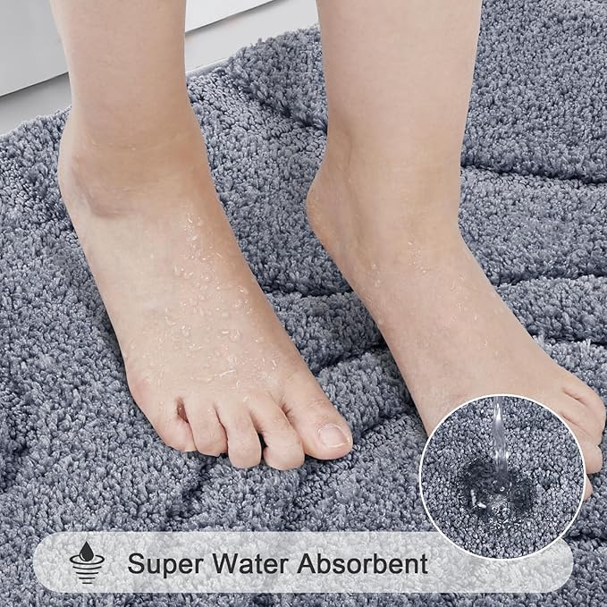 HEBE Bathroom Rug Sets 3 Piece, Non Slip Shower Mats with U-Shaped Contour Toilet Mat, Absorbent Microfiber Bath Mats for Bath Rugs, Washable Shaggy Floor Carpet, Dark Grey