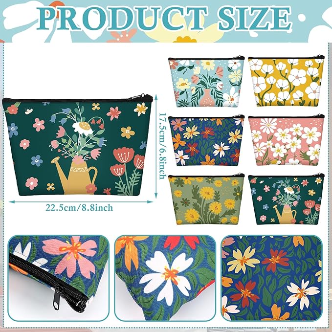 Sweetude 12 Pcs Colorful Flower Makeup Bags Bulk Portable Travel Cosmetic Bags with Zipper Watercolor Floral Waterproof Roomy Travel Toiletry Organizer Storage Pouch for Women Gifts