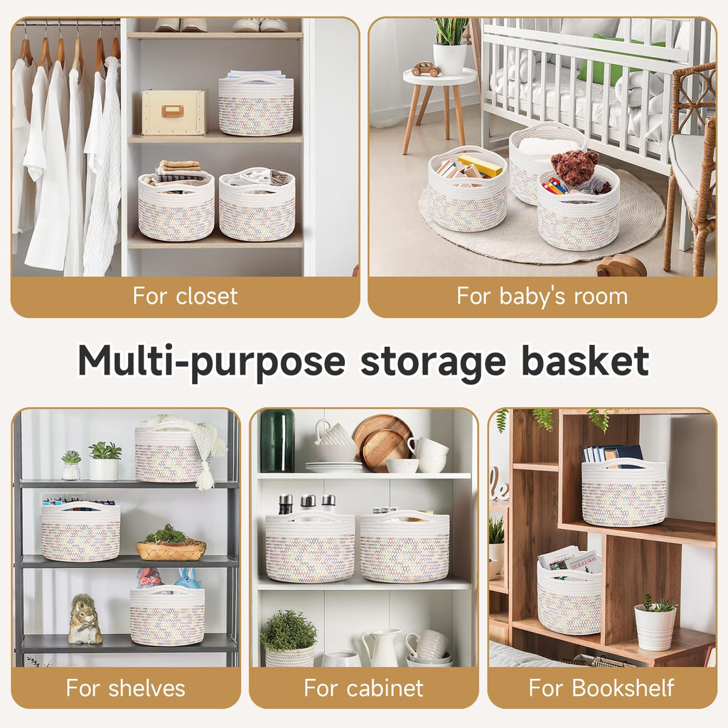 Maxuni 3 Pack Small Rope Storage Baskets, 9.82×9.82×7.1", Rainbow