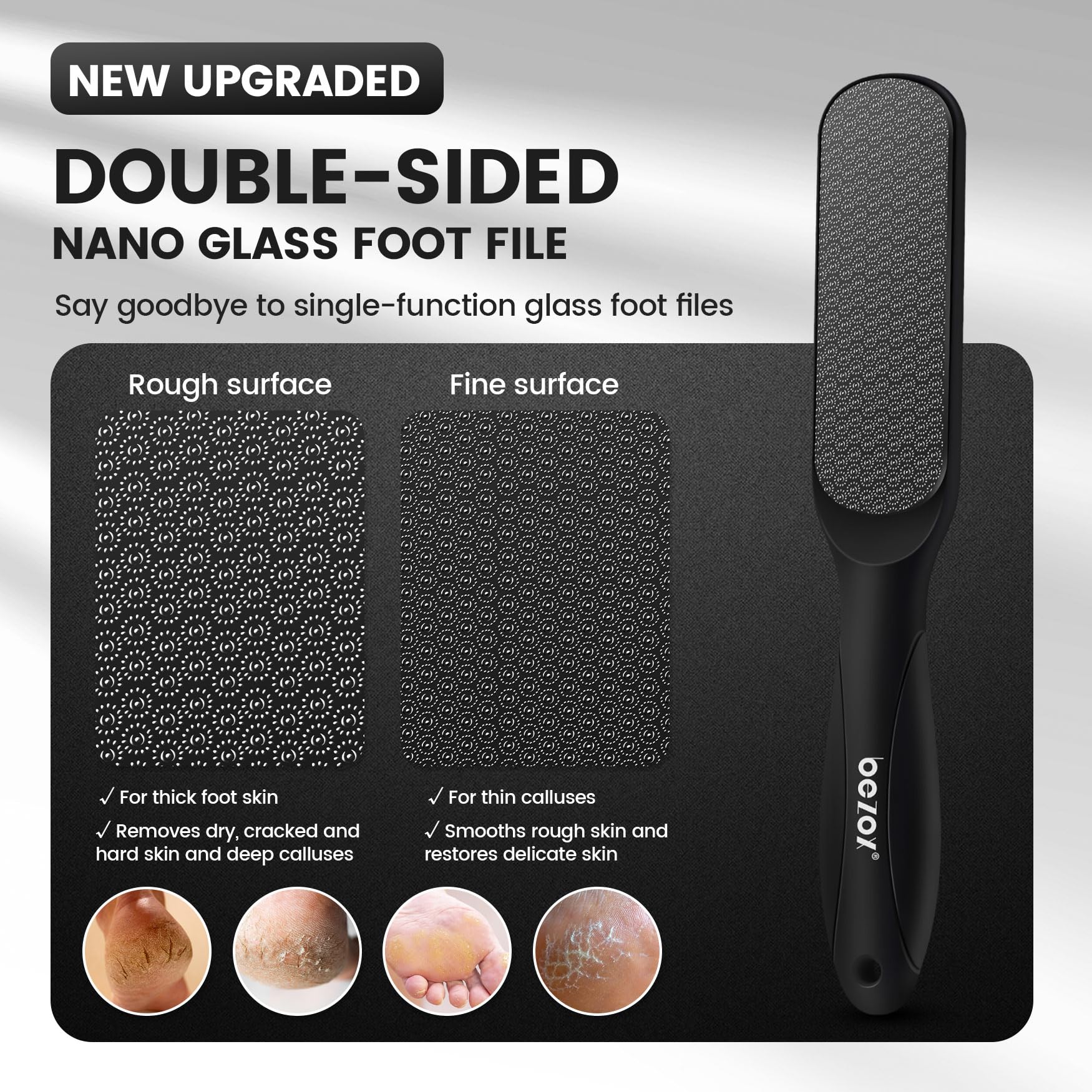 BEZOX Double-Sided Glass Foot File Callus Remover(1 PCS), Foot Scrubber for Dead Skin, Smooth Feet Pedicure Tools for Feet, Pumice Stone for Feet, Heel Scraper for Cracked Heels - Black