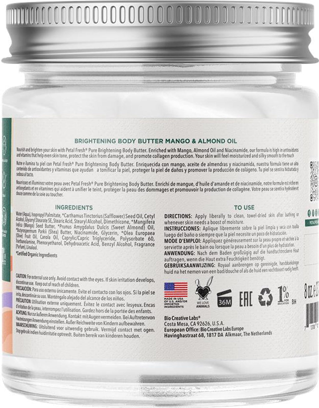 Petal Fresh Pure Brightening Mango & Almond Oil Body Butter with Niacinamide, Shea Butter, Promotes Collagen, For All Skin Types, Vegan and Cruelty Free, Non-Greasy, 8 oz – MADE IN USA