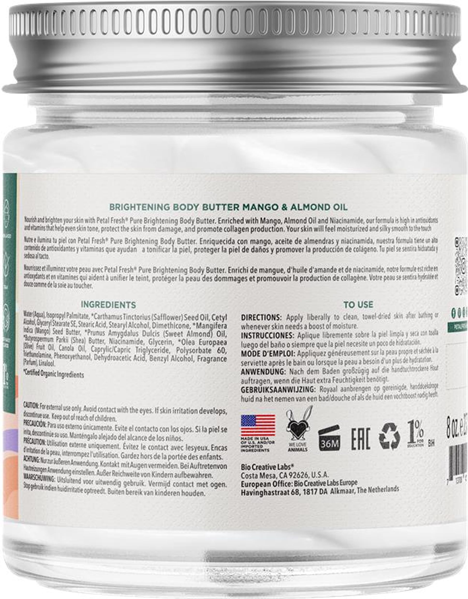 Petal Fresh Pure Brightening Mango & Almond Oil Body Butter with Niacinamide, Shea Butter, Promotes Collagen, For All Skin Types, Vegan and Cruelty Free, Non-Greasy, 8 oz – MADE IN USA