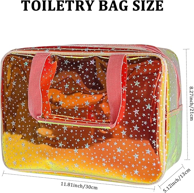 TotePrint Holographic Brown Clear Star Large Cosmetic Bag and TPU Travel Pouch with Handle,Durable Material,Zipper Design-Ideal for Makeup,Travel Essentials 11.81x5.12x8.27inch (Brown)