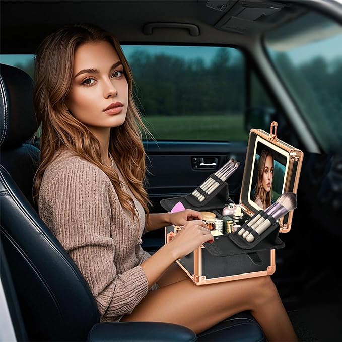 GALHUBIS Makeup Case with Lighted Mirror, Makeup Box Organizer with Detachable LED Mirror, Travel Makeup Train Case, Waterproof Cosmetic Organizer, Standing Makeup Brush Holder, Gift, Black Gold