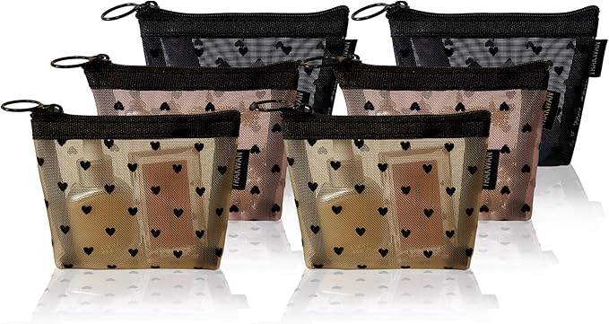 TRAKWAN Mini Mesh Heart Makeup Bag Set, Mesh Cosmetic Bags with Zipper, Makeup Lipstick Cosmetic Accessories Organizer Bag, Mesh Pouch for Travel (Multicolor-6pcs)