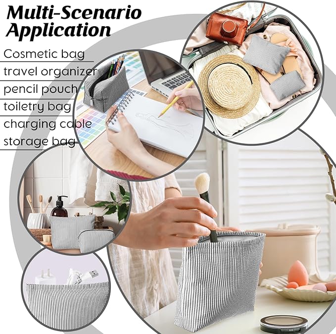 2 Pcs Makeup Bag Set Cute Cosmetic Pouch for Women Seersucker Travel Toiletry Bag Preppy Small Makeup Purse Pouch Aesthetic Skincare Brushes Storage Organizer for Valentine Women(Black)